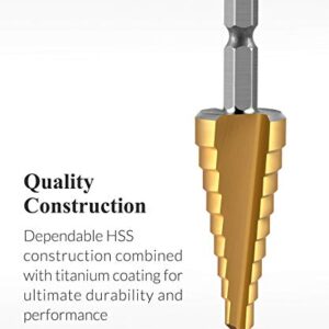 QWORK 3 Pcs Titanium Step Drill Bit Set, High Speed Steel, 1/8" - 3/4" Total 28 Sizes, HSS Multiple Hole Drilling Cutting with Storage Bag