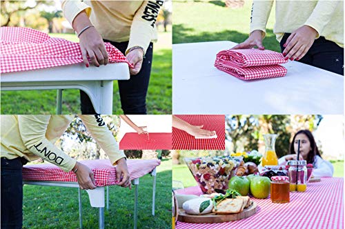 TopTableCloth Table Cover Red & White Checkered tablecloths Elastic Corner Fitted Rectangular Folding Table 6 Foot 30" x 72" Table Cloth Waterproof Vinyl Flannel Plastic Tablecloth for Camping Picnic