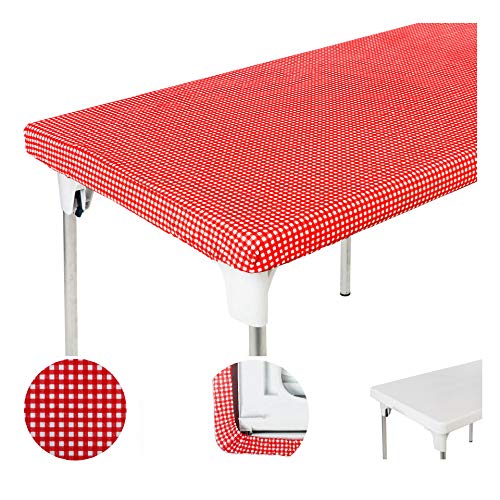 TopTableCloth Table Cover Red & White Checkered tablecloths Elastic Corner Fitted Rectangular Folding Table 6 Foot 30" x 72" Table Cloth Waterproof Vinyl Flannel Plastic Tablecloth for Camping Picnic