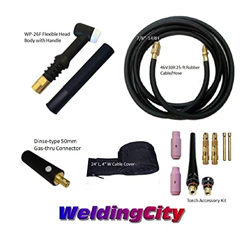 WeldingCity 200-amp WP-26F (Flexible Head) Air-cooled TIG Welding Torch Complete Package with 25-ft Power Cable Hose and Dinse 35-50 (1/2"-pin) In-line Gas-thru Cable Adapter