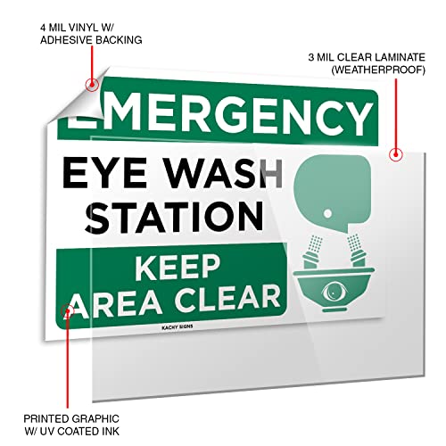 Kachy Signs - (Set of 2) Emergency Eye Wash Station Sign - 10" x 7" - Durable Self Adhesive 4 Mil Vinyl - Laminated - Fade & Scratch Resistant - Waterproof – OSHA Approved Eyewash Station Sticker for Lab, School or Hospital