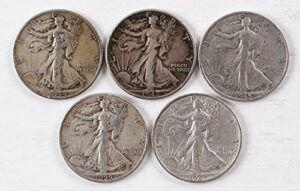 walking liberty set of 5 half dollars all different dates vg and better