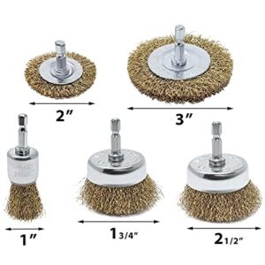 LINE10 Tools 5pk Wire Brush Drill Attachment Set Brass Coated for Cleaning Rust Hex Shank Fits Impact Driver