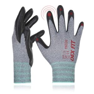 dex fit nitrile work gloves fn330, 3 pairs, 3d-comfort stretchy fit, firm grip, thin & lightweight, touch-screen compatible, durable, breathable & cool, machine washable; grey m (8)