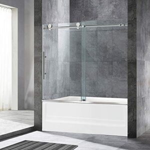 woodbridge frameless sliding bathtub door, 56"-60" width, 62" height, 3/8" (10 mm) clear tempered glass, brushed nickel finish, designed for smooth door closing and opening. mbsdc6062-b4