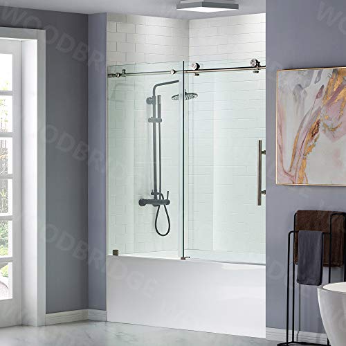 WOODBRIDGE Frameless Sliding Bathtub Door, 56"-60" Width, 62" Height, 3/8" (10 mm) Clear Tempered Glass, Brushed Nickel Finish, Designed for Smooth Door Closing and Opening. MBSDC6062-B4
