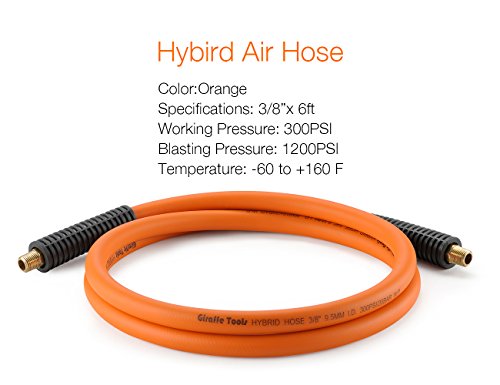 Giraffe Tools Hybrid Lead-in Air Hose, 3/8 inch x 6 ft, 1/4 in. MNPT Fittings, 300 PSI Heavy Duty, Lightweight Air Compressor Hose Short