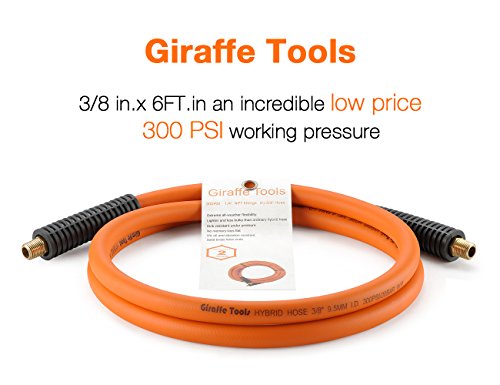 Giraffe Tools Hybrid Lead-in Air Hose, 3/8 inch x 6 ft, 1/4 in. MNPT Fittings, 300 PSI Heavy Duty, Lightweight Air Compressor Hose Short