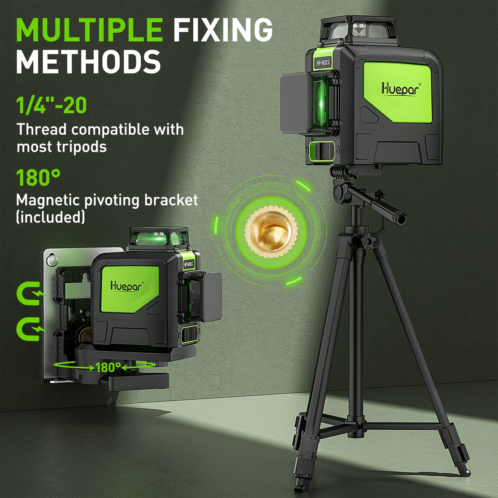 Huepar 902CG Self-Leveling 360-Degree Cross Line Laser Level with Pulse Mode, Switchable Horizontal and Vertical Green Beam Laser Tool, Magnetic Pivoting Base Included