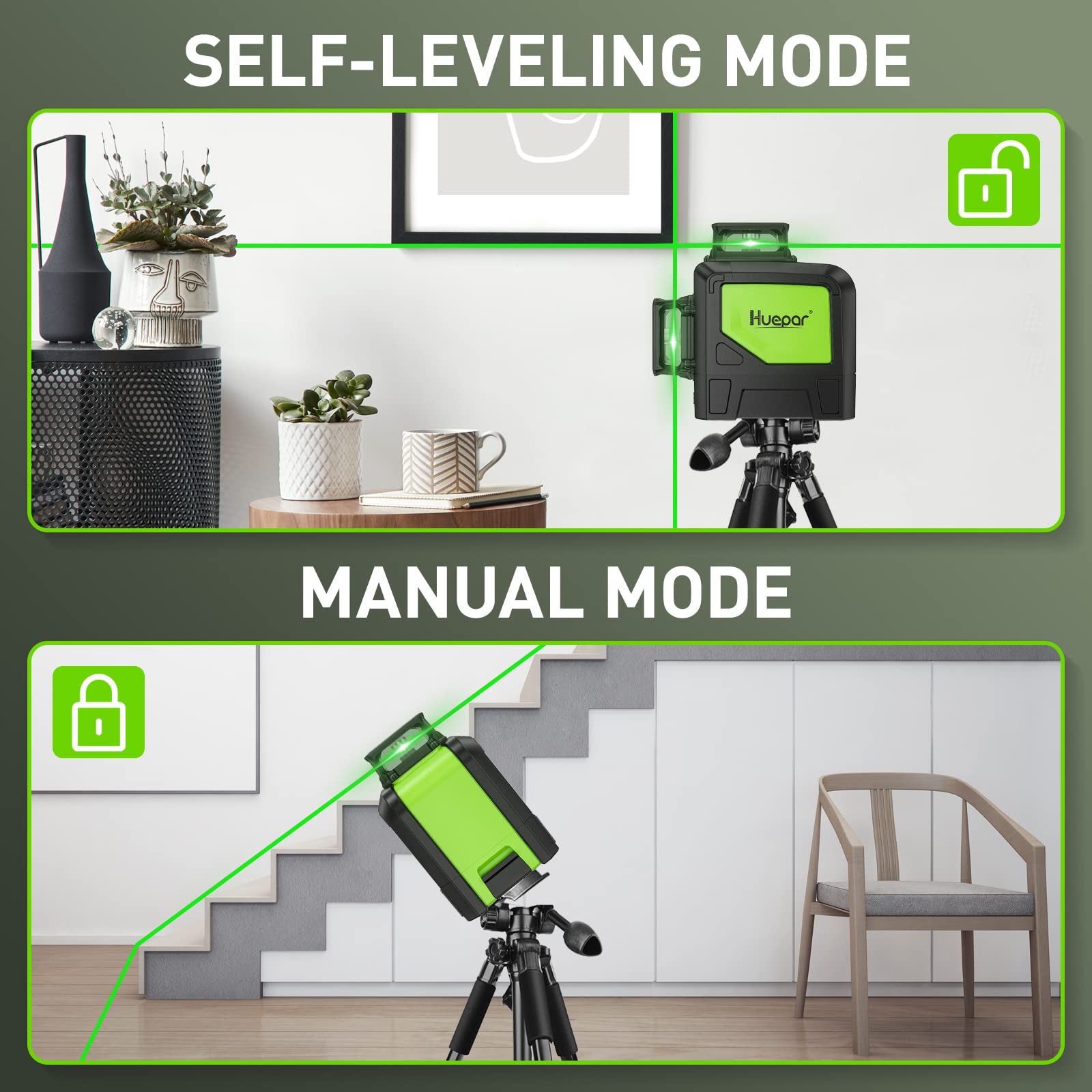 Huepar 902CG Self-Leveling 360-Degree Cross Line Laser Level with Pulse Mode, Switchable Horizontal and Vertical Green Beam Laser Tool, Magnetic Pivoting Base Included