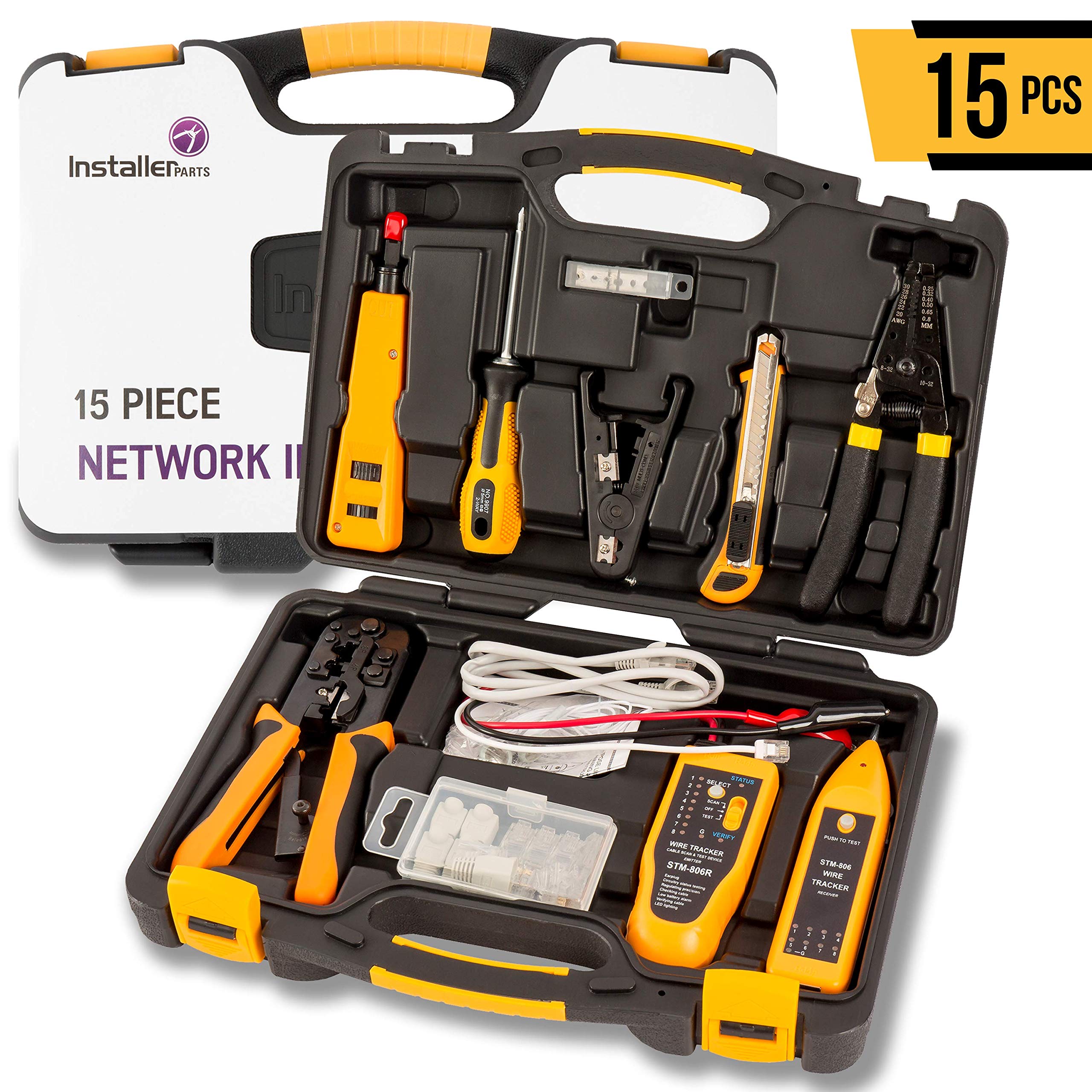 InstallerParts Professional Network Tool Kit 15 In 1 - RJ45 Crimper Tool Cat 5 Cat6 Cable Tester, Gauge Wire Stripper Cutting Twisting Tool, Ethernet Punch Down Tool, Screwdriver, Knife