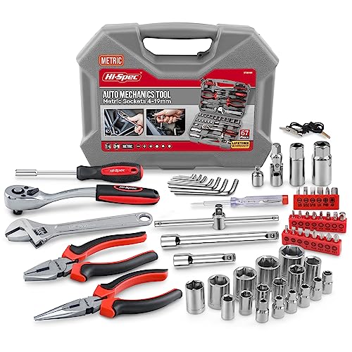 Hi-Spec Tools 67Pc Metric Auto Mechanic Tool Set, Motorcycle & Car Tool Kit, Auto Repair Tool Set with Pliers, Screwdriver Set, Socket Kit & Tool Box Storage Case for Cars, Trucks, Boats RVs & Jeeps.