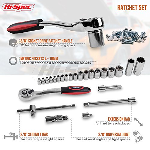 Hi-Spec Tools 67Pc Metric Auto Mechanic Tool Set, Motorcycle & Car Tool Kit, Auto Repair Tool Set with Pliers, Screwdriver Set, Socket Kit & Tool Box Storage Case for Cars, Trucks, Boats RVs & Jeeps.