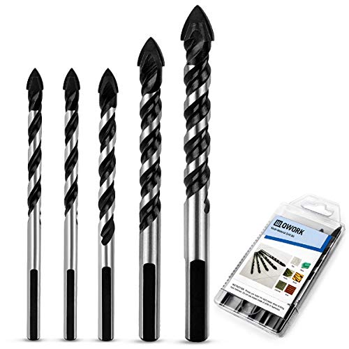 QWORK 5 Pcs Set (6, 6, 8, 10, 12mm) Multi-Material Drill Bit Set for Tile,Concrete, Brick, Glass, Plastic and Wood Tungsten Carbide Tip Best for Wall Mirror and Ceramic Tile on Concrete and Brick Wall