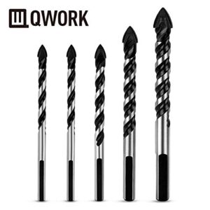 QWORK 5 Pcs Set (6, 6, 8, 10, 12mm) Multi-Material Drill Bit Set for Tile,Concrete, Brick, Glass, Plastic and Wood Tungsten Carbide Tip Best for Wall Mirror and Ceramic Tile on Concrete and Brick Wall