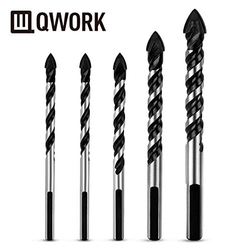 QWORK 5 Pcs Set (6, 6, 8, 10, 12mm) Multi-Material Drill Bit Set for Tile,Concrete, Brick, Glass, Plastic and Wood Tungsten Carbide Tip Best for Wall Mirror and Ceramic Tile on Concrete and Brick Wall