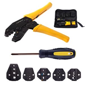 toprema ratchet wire crimping tool kit 5 interchangeable dies set for insulated non-insulated ferrules terminals electrical connectors with carry bag