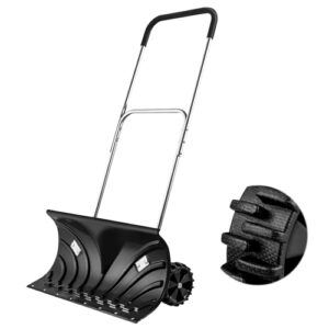 orientools heavy duty snow shovel, rolling adjustable snow pusher with 6" wheels, efficient snow plow suitable for driveway or pavement clearing (26" blade)
