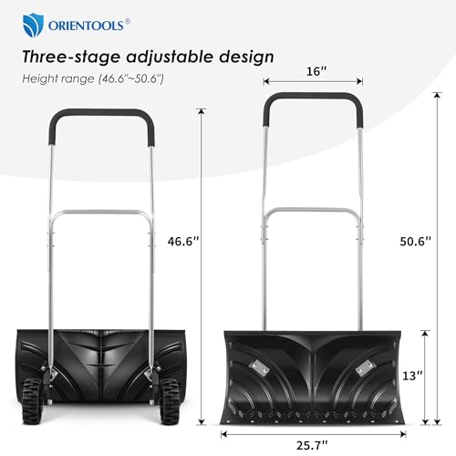 ORIENTOOLS Heavy Duty Snow Shovel, Rolling Adjustable Snow Pusher with 6" Wheels, Efficient Snow Plow Suitable for Driveway or Pavement Clearing (26" Blade)