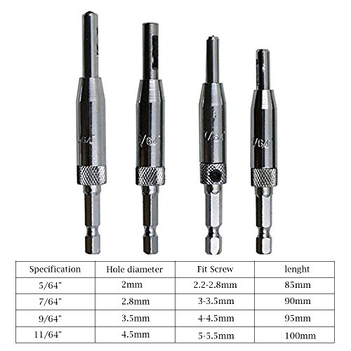 Eagles Self Centering Hinge Drill Bits for Door Cabinet - 4pcsHSS 1/4" hex Shank self Centering Predrill Bits for Woodworking,5/64" 7/64" 9/64" 11/64"