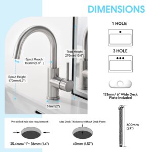 CREA Bar Sink Faucet, Bathroom Kitchen Faucet Brushed Nickel Pre Wet Small Mini Kitchen Bath Utility Marine Faucet Single Hole Stainless Steel Farmhouse Vanity Lavatory Faucets Outdoor