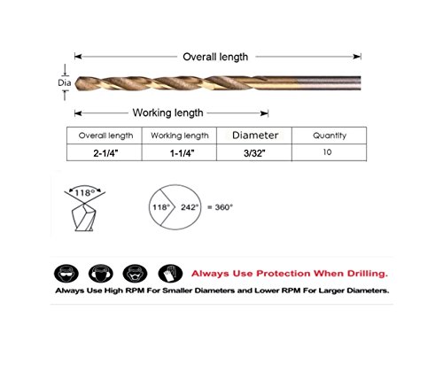 OXTUL 10PCS 3/32" Titanium Coated HSS Twist Drill Bits.Jobber Length.for Wood,Metal & Plastic,General Purpose. (3/32)