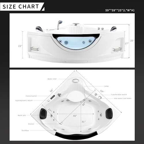 Corner Whirlpool Tub,Empava 2 Person Whirlpool Bathtub,Corner Jetted Bathtub with Heater,Corner Jetted Tub with Light,Spa Bath tub with 10 Jets,Hydro Massage Tub with Chromatherapy,LED Control Panel