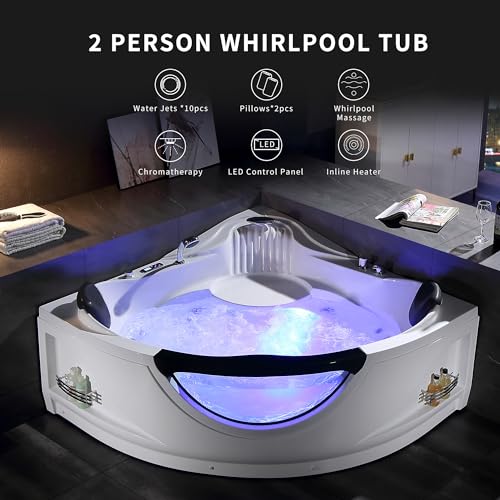 Corner Whirlpool Tub,Empava 2 Person Whirlpool Bathtub,Corner Jetted Bathtub with Heater,Corner Jetted Tub with Light,Spa Bath tub with 10 Jets,Hydro Massage Tub with Chromatherapy,LED Control Panel