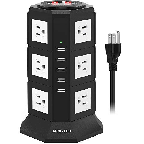 Surge Protector Power Strip Tower JACKYLED 12 AC Outlets 3000W 15A and 5 USB Slots 8A Desktop Smart Charging Station Multiple Protection with Heavy Duty 6.5ft 14 AWG Extension Cord for Home Black