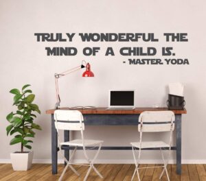 yoda child quote decal - star wars master jedi vinyl sticker - "truly wonderful the mind of a child is" - wall art decor for classrooms, library, boy's or girl's bedroom, playroom or nursery