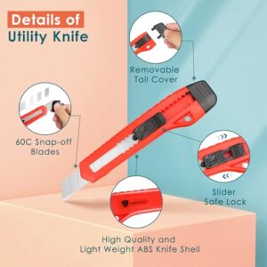 ORIENTOOLS Utility Knife Box Cutter Razor Auto-lock 4-Pack Set, Retractable Box Cutter Snap Off Blades Knife, for Office, Home, Arts, Crafts, Red and Yellow