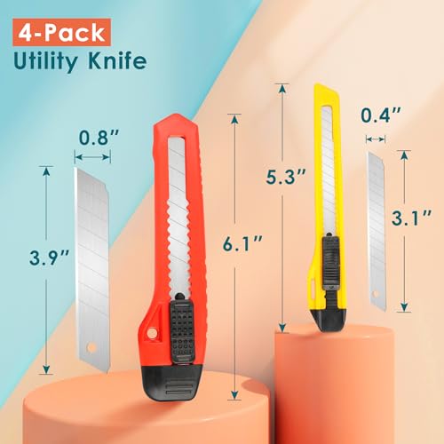 ORIENTOOLS Utility Knife Box Cutter Razor Auto-lock 4-Pack Set, Retractable Box Cutter Snap Off Blades Knife, for Office, Home, Arts, Crafts, Red and Yellow