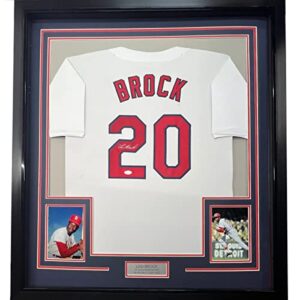 framed autographed/signed lou brock 33x42 st. louis white baseball jersey jsa coa