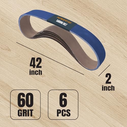 POWERTEC 2 x 42 Inch Zirconia Sanding Belts, 60 Grit Belt Sander Sanding Belt for Belt Sander, Belt and Disc sander, Woodworking, Metal Grinding, Derusting, 6PK (424206Z-6)