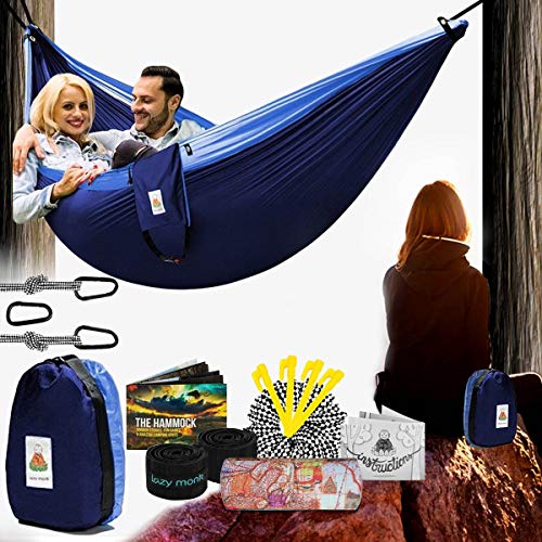 Lazy Monk 2 Person Hammock w/Tree Straps | Portable Foldable Parachute Double Hamock Outdoor, Travel, Camping | Hamaca para dos | Complete Two People Couple Patio Backyard Outside Hanging Swing Amaca