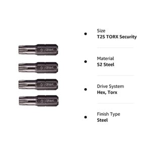 VEGA T25 TORX Security Bits. Professional Grade ¼ Inch Hex Shank TORX T-25 S2 Steel 1" Security Bits. 125TT25A-4 (Pack of 4)