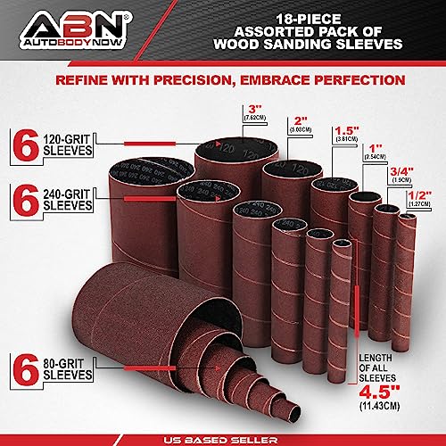 ABN Aluminum Oxide Spindle Sanding Sleeves 18-Pack – 4.5in Length, Assorted 80 120 240 Grit, 1/2in to 3in Sandpaper