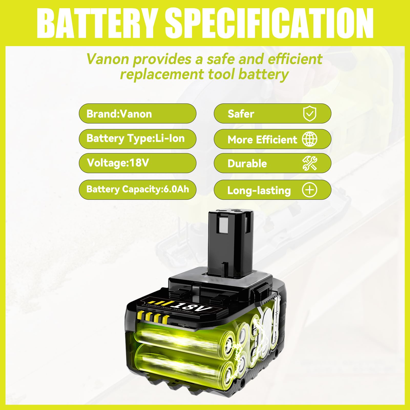 VANON Replacement for Ryobi 18V Battery 6.0Ah Lithium ion Batteries Replacement for Ryobi Cordless Tools 18V Battery ONE Plus P108 P107 P105 P104 P103 P102,2-Pack