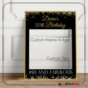 Fifty & Fabulous Photo Booth Frame, 50th Birthday Decorations, Personalized Black and Gold Glitter Selfie Frame, Custom Photo Booth Props, 20th, 30th, 40th Birthday, Party Supplies Sizes 36x24, 48x32