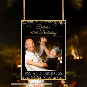 Fifty & Fabulous Photo Booth Frame, 50th Birthday Decorations, Personalized Black and Gold Glitter Selfie Frame, Custom Photo Booth Props, 20th, 30th, 40th Birthday, Party Supplies Sizes 36x24, 48x32