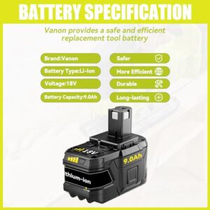 VANON Replacement for Ryobi 18V Battery 9.0Ah Lithium ion 18 Volt Batteries Replacement for Ryobi One 18V Cordless Tools P102 P107 P105 P104 P103 P108 1Pack.