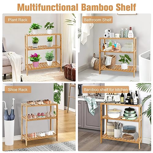 kinbor Bamboo Rack Multifunctional Bathroom Kitchen Living Room Holder Plant Flower Stand Utility Storage Shelf (3-Tier)