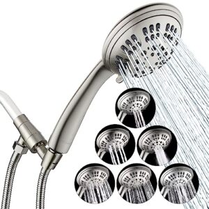g-promise high pressure shower head 6 spray setting hand held shower heads with adjustable solid brass shower arm mount extra long flexible stainless steel hose(brushed nickel)