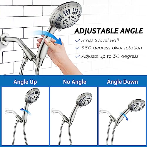 G-Promise High Pressure Shower Head 6 Spray Setting Hand Held Shower Heads with Adjustable Solid Brass Shower Arm Mount Extra Long Flexible Stainless Steel Hose(Brushed Nickel)