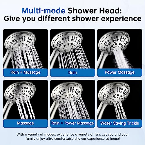 G-Promise High Pressure Shower Head 6 Spray Setting Hand Held Shower Heads with Adjustable Solid Brass Shower Arm Mount Extra Long Flexible Stainless Steel Hose(Brushed Nickel)