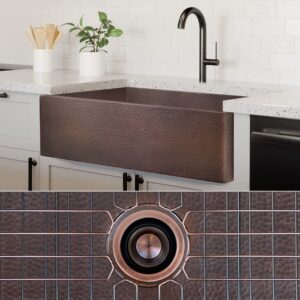 fsw1100 luxury 33-inch heavy 12-gauge dark patina copper farmhouse sink, includes accs, flat front