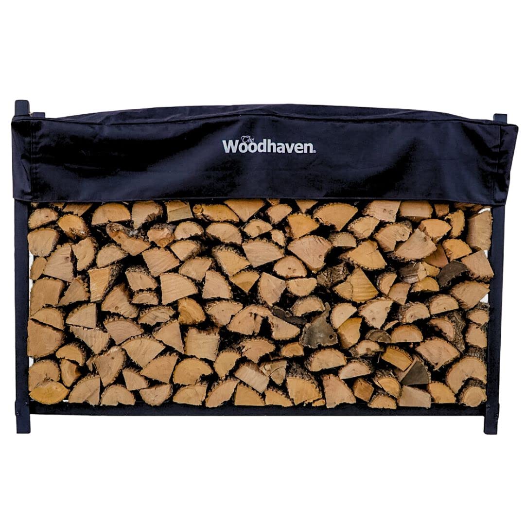 Woodhaven 6 Foot Black - Heavy Duty Made in the USA - Outdoor Cord Firewood Storage Log Rack With Seasoning Cover Set - Metal Firewood Rack With UV-Stable Powder Coat