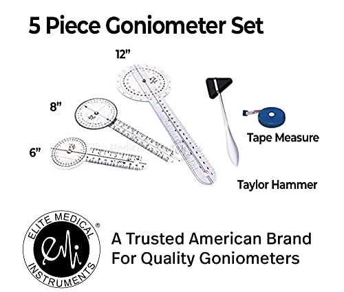 EMI EGM-650 5 Piece Physical Therapy Set - Goniometer 12 inch, 8 inch, 6 inch, Taylor Hammer, & Tape Measure