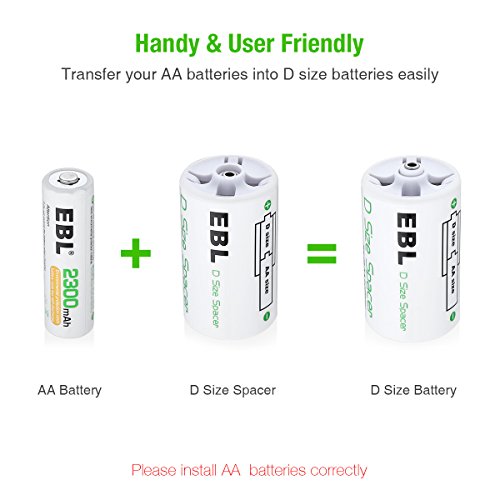 EBL D Size Battery Adapters, AA to D Size Battery Spacer Converter Case Use with Rechargeable AA Battery Cells - 4 Pack