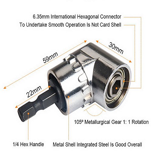 CIGOTU Right Angle Drill Attachment, Power Screwdriver Drill Extension Attachment Adapter with 1/4" Hex Magnetic Bit Socket and 1/4" Hex Quick Change Drive - Pack of 1, Silver